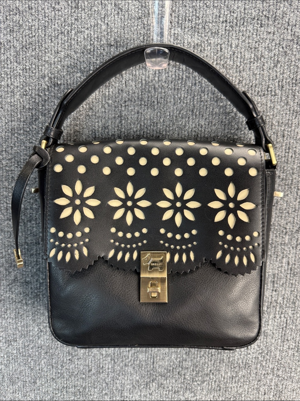 RADLEY LONDON Black & Cream Floral Cutout Leather Top-Handle Bag NWOT